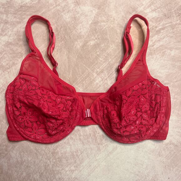 Vintage 90s Warner's Sheer Heaven Floral Lace Bra Red Mesh Lingerie Romantic - Picture 1 of 9